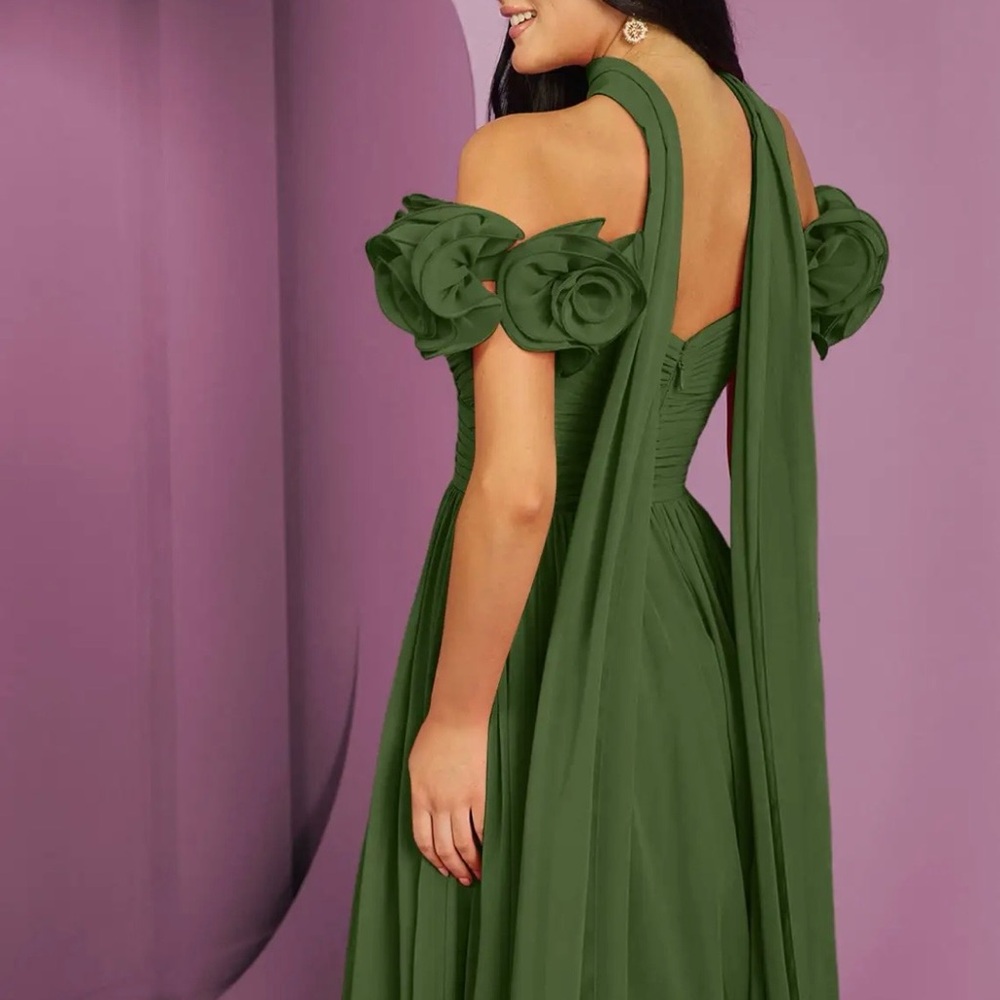 Barbie by Azazie A-Line Off Shoulder Chiffon Convertible Dress Olive Green NWT - Picture 7 of 11